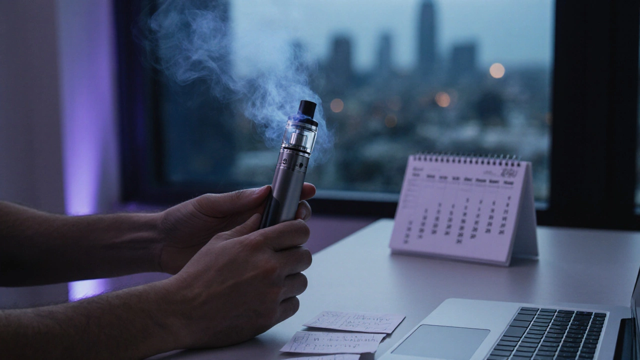 Člověk používá CBD kartridž s vapeřičkou v moderním bytě.