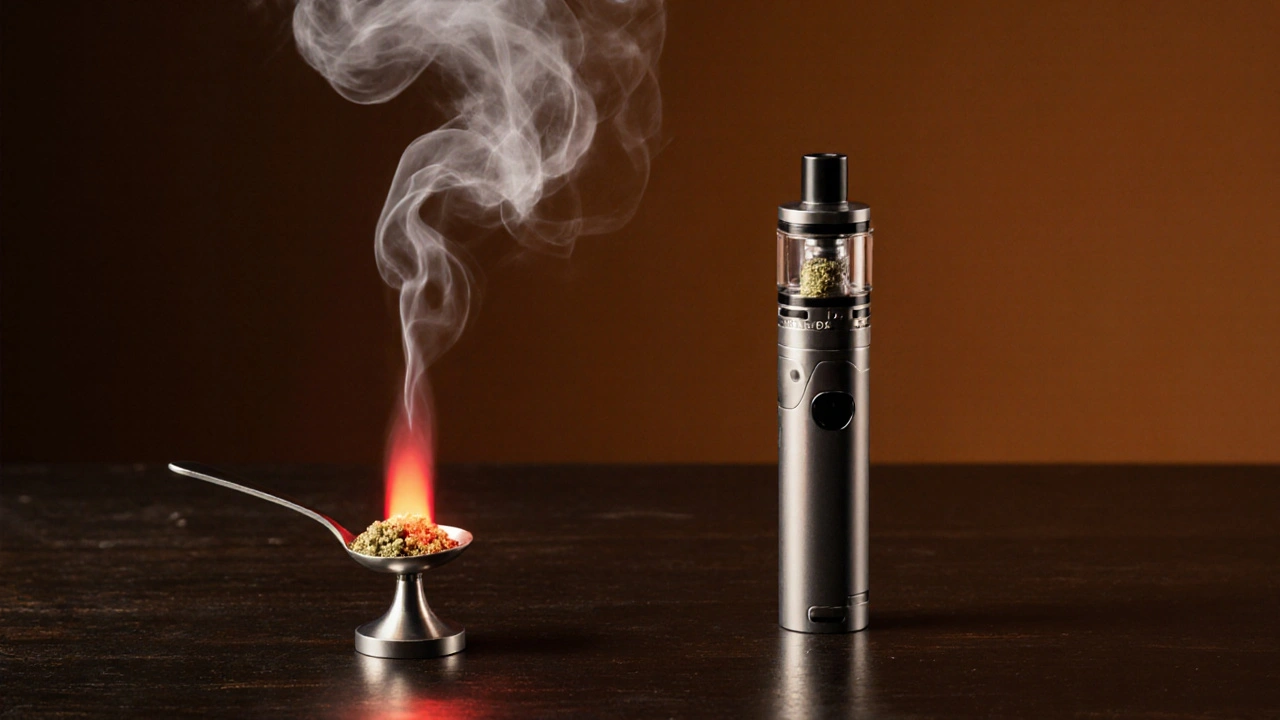 Dabbing rig s horkým nailem a pinch crumble, vedle vape pera s crumble a párou.