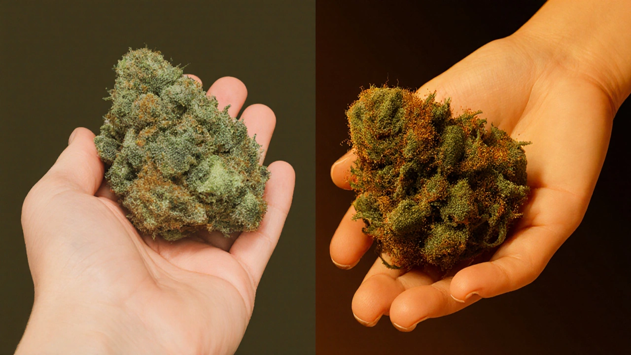 Dvě ruce drží bud Type 1 (světlá) a Type 2 (tmavá s jantarovými trichomy).
