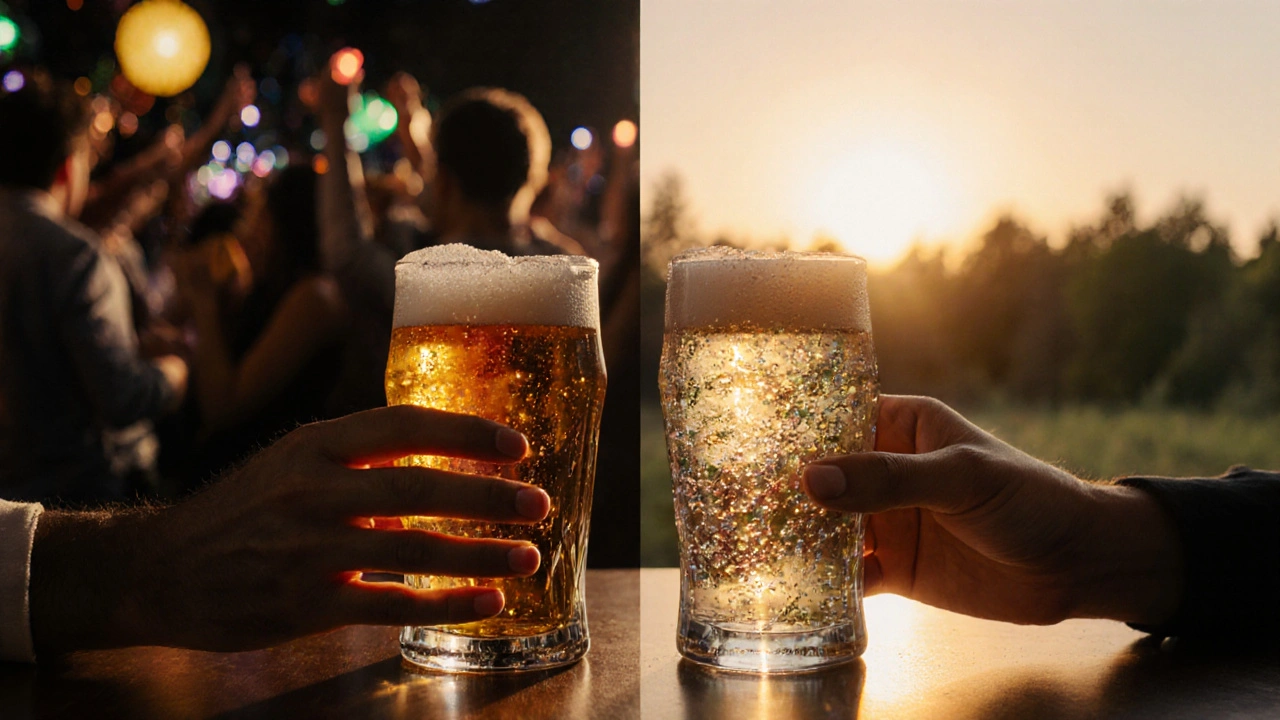 Dvě sklenice na stole: jedna s alkoholem, druhá s konopným pivem — symbol volby.