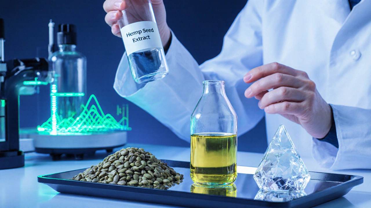 Laboratorní scénář s HPLC přístrojem a trojicí symbolů: semínka, olej, CBD krystal.