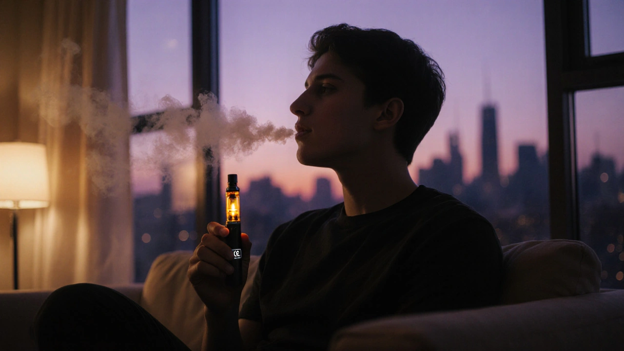 Osoba v moderním interiéru klidně inhaluje z vape pera, zatímco za oknem zasvitá městská noc.