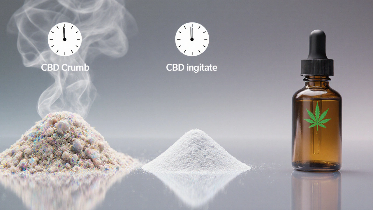 Porovnání crumble, izolátu a full‑spectrum oleje s ikonami rychlosti nástupu.