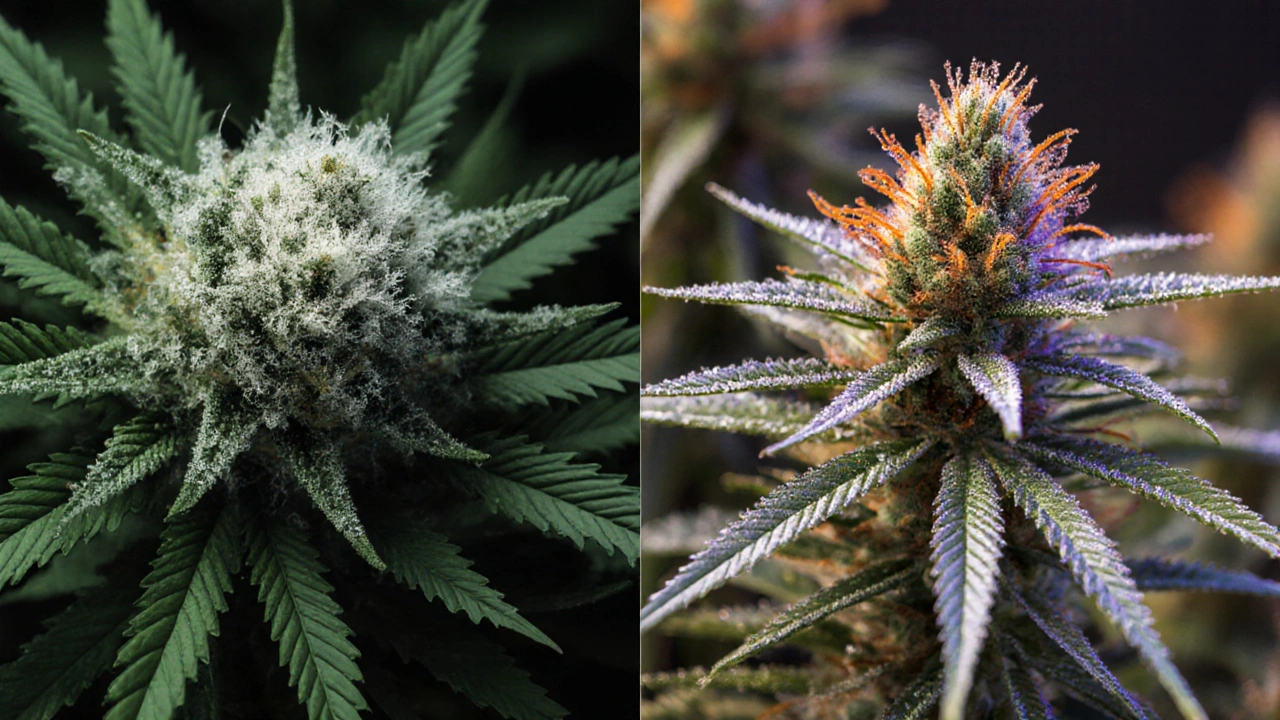 Porovnání listů indica (široké) a sativa (úzké) a detail květu s lesklými trichomy a různými barvami.