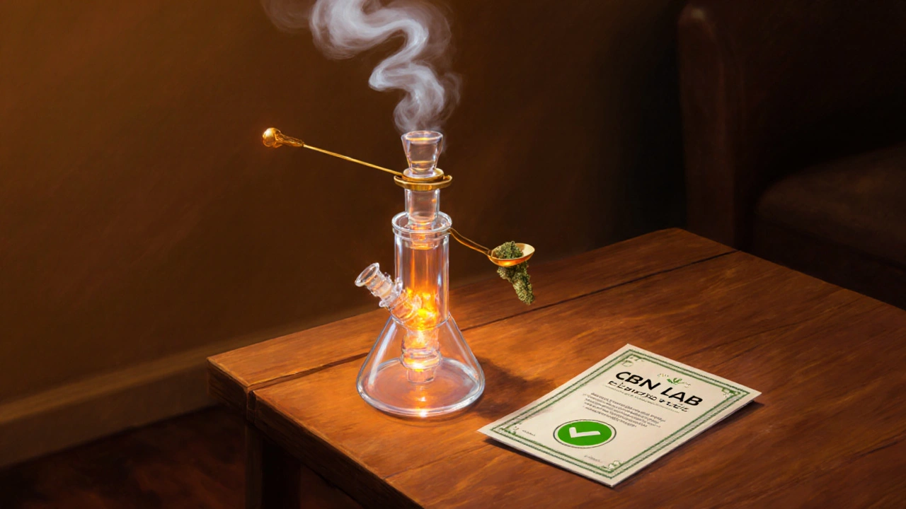 Scéna s dabbingovým nářadím, párou a otevřeným laboratorním certifikátem vedle CBD hash.