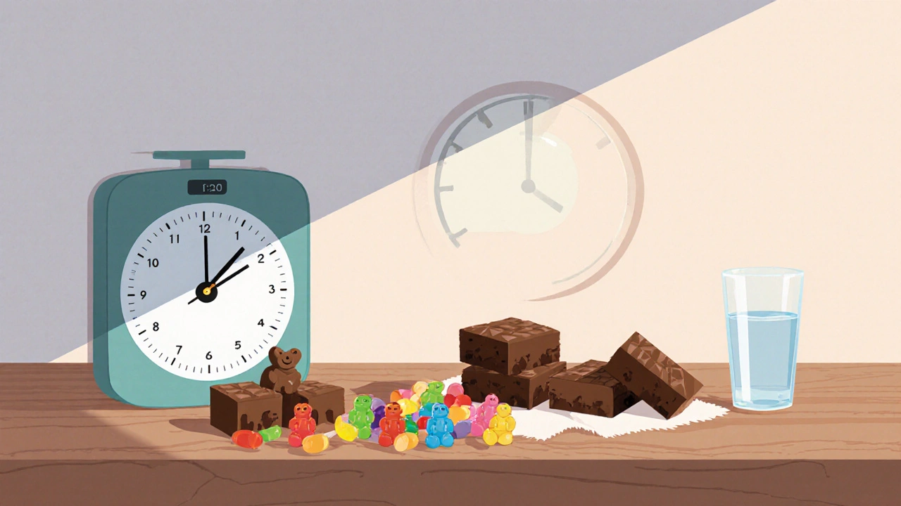 Stůl s různými edibles, kuchyňskou váhou, sklenicí vody a hodinami ukazujícími 1:30, vyjadřuje opatrné dávkování.