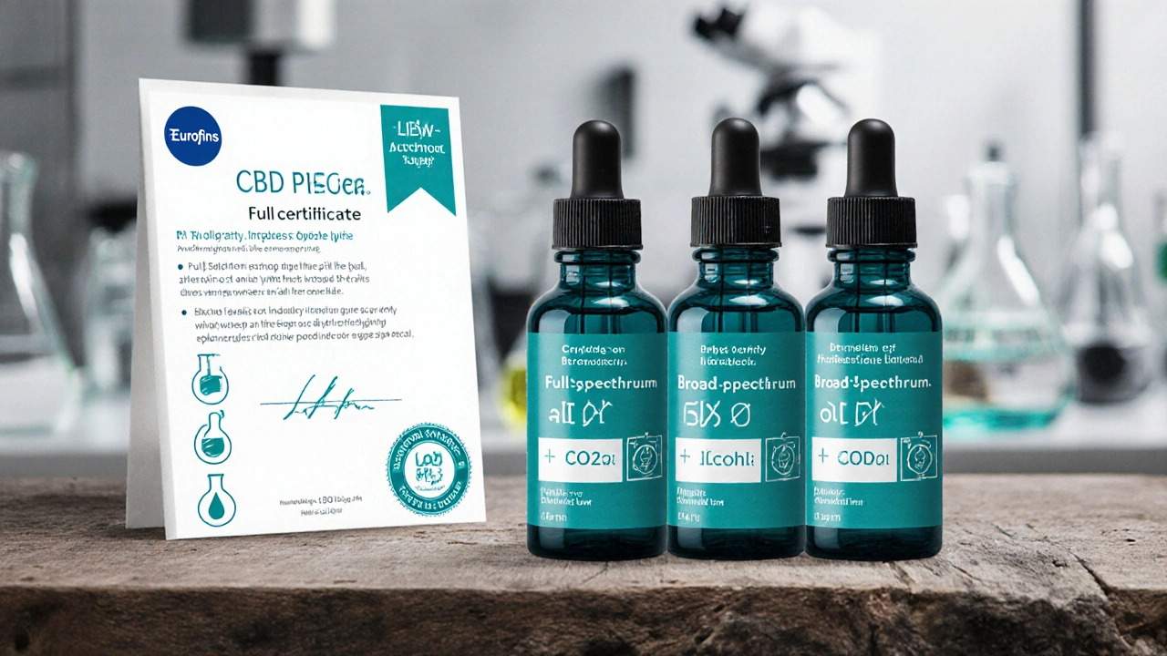 Tři lahve CBD oleje s označením a certifikátem na dřevěném stole v laboratoři.