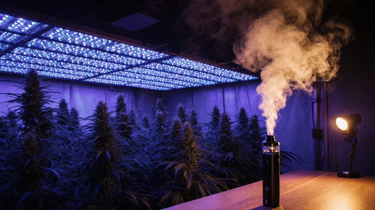 Vnitřní pěstebna s LED osvětlením, vaporizer a jemný oblak páry.