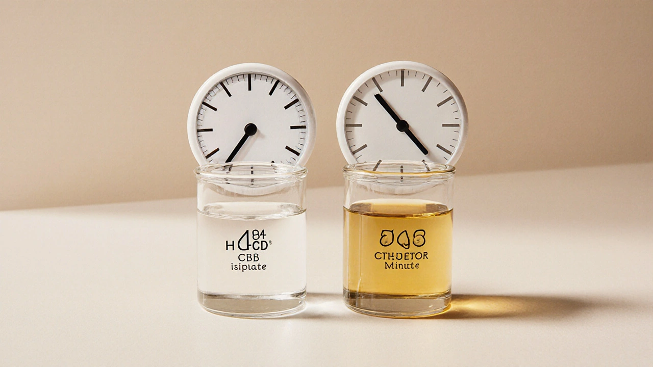 Dva skleněné lahvičky s H4CBD, jedna čistá, druhá s terpeny, s časovými rozdíly v účinku.
