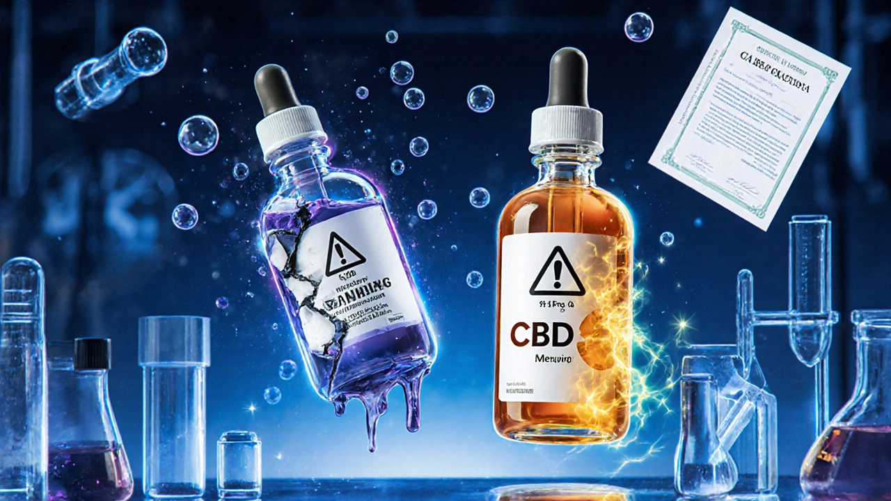Dvě protichůdné láhve CBD oleje v laboratoři – jedna znečištěná, druhá čistá s extrakčními bublinkami.
