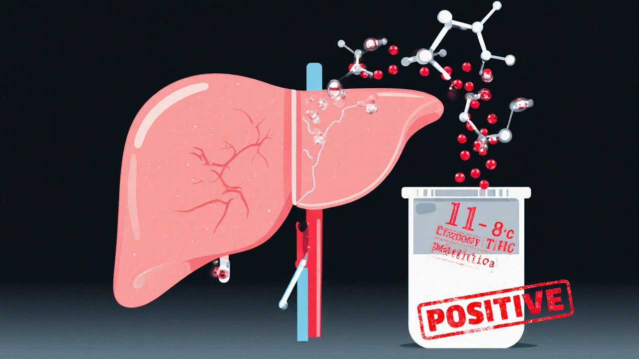 Játra přeměňují Delta 8 na metabolit THC, který se objeví v moči s červenou značkou 'POZITIVNÍ'.