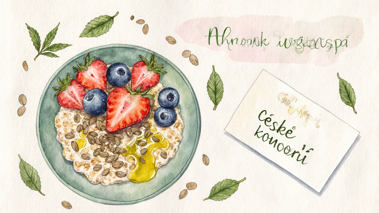 Veganská mísa s oveskou, konopnými semínky, bobulemi a kapkou konopného oleje, okolo listy konopí.