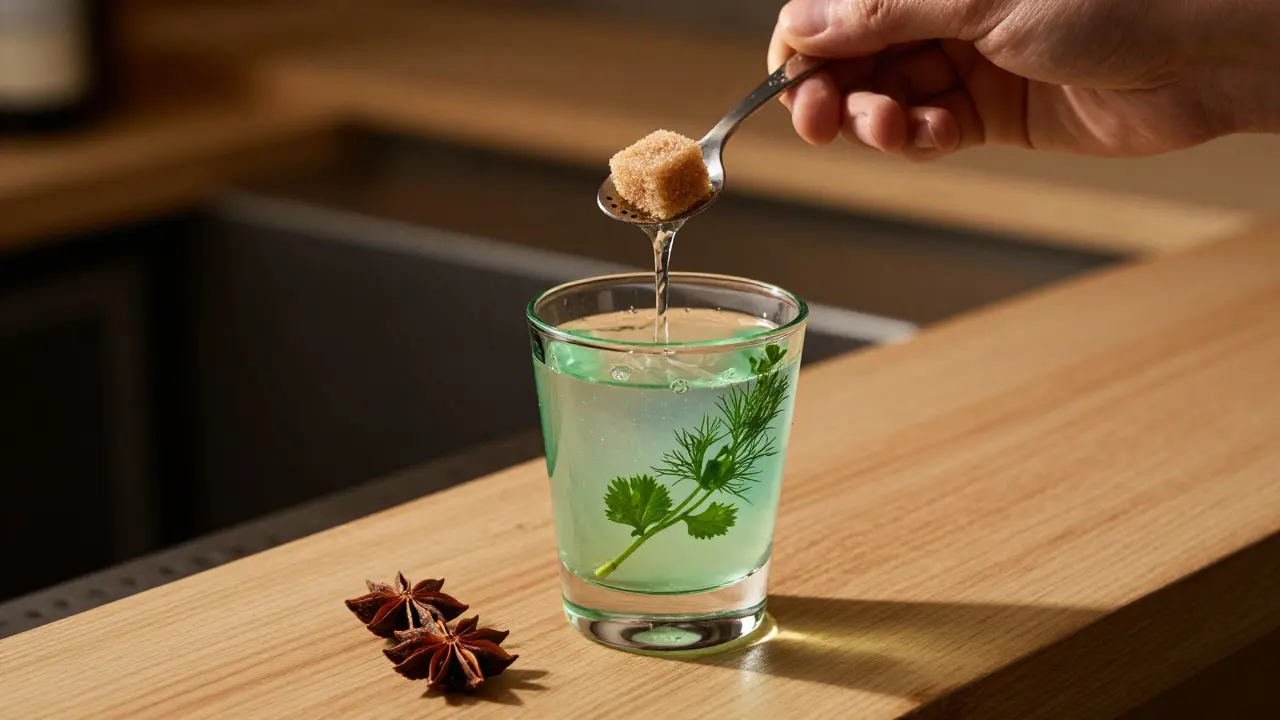 Český rituál podávání absintu s cukrovou kostkou a pomalu se měnící barvou nápoje.