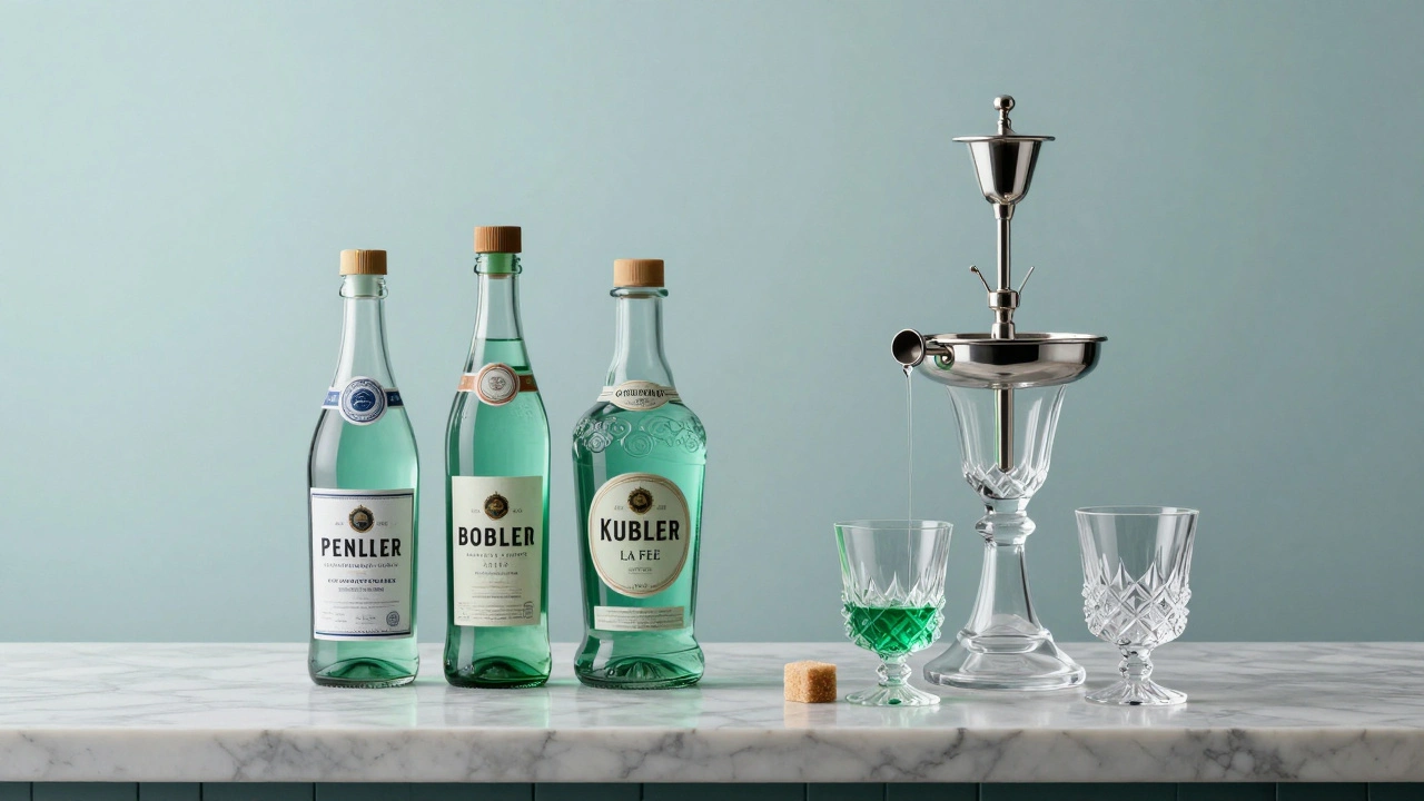 Moderní absintové lahve a tradiční příprava v pražském baru.