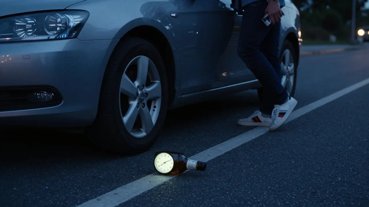 Osoba volá taxi při parkovaném autě, CBD lahvička na cestě.