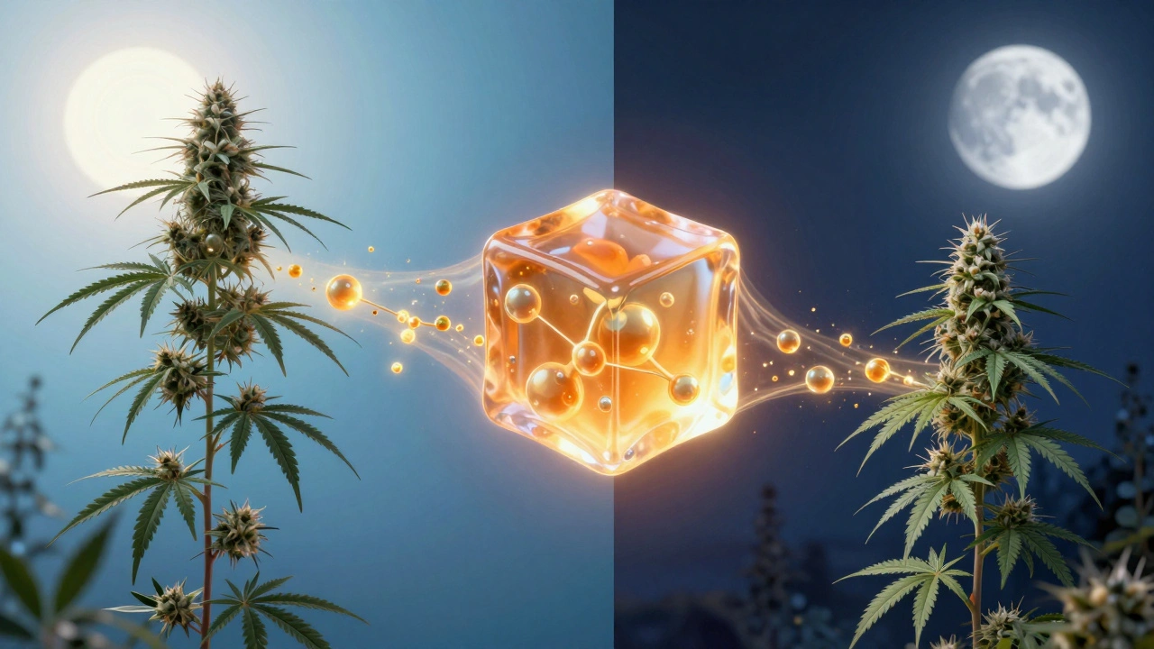 Sativová a indica rostlina se mění v gummy s molekulami THC a CBD.
