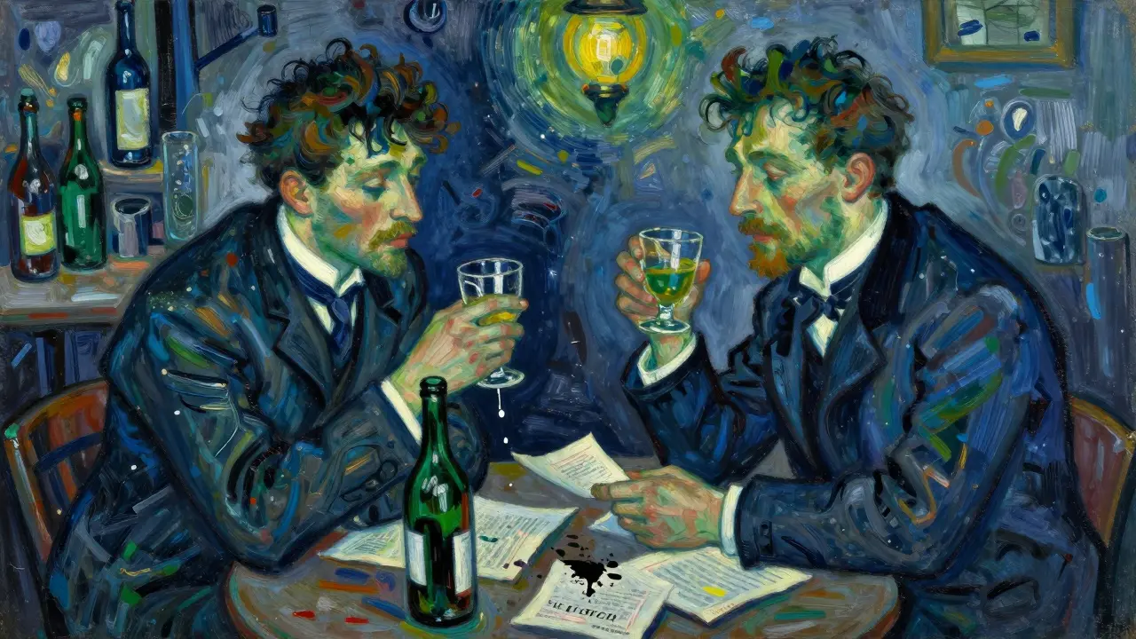 Verlaine a Rimbaud v bruselské kavárně, okolo nich chaos a rozpadající se dopisy.