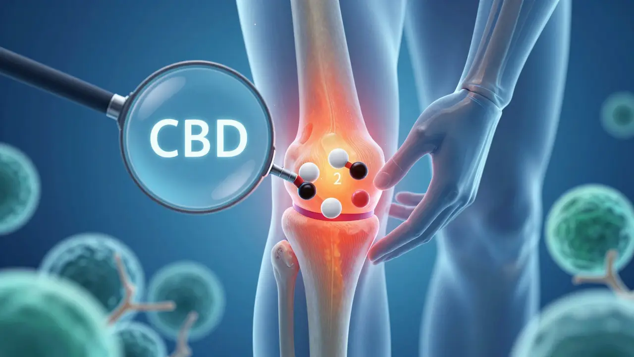Zvětšený kloub s CBD molekulami uklidňujícími zánět.