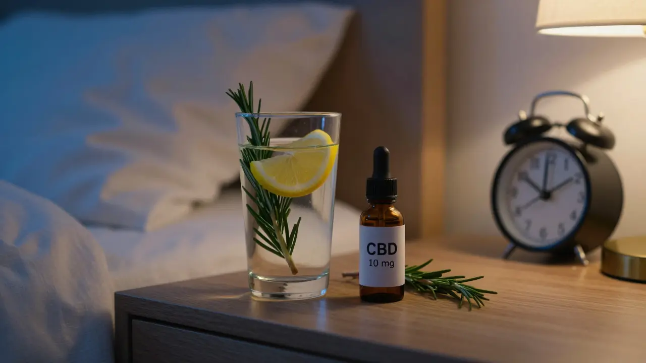 Denní rutina CBD: kapsle, voda s citronem a růžmarínem na nočním stolku.