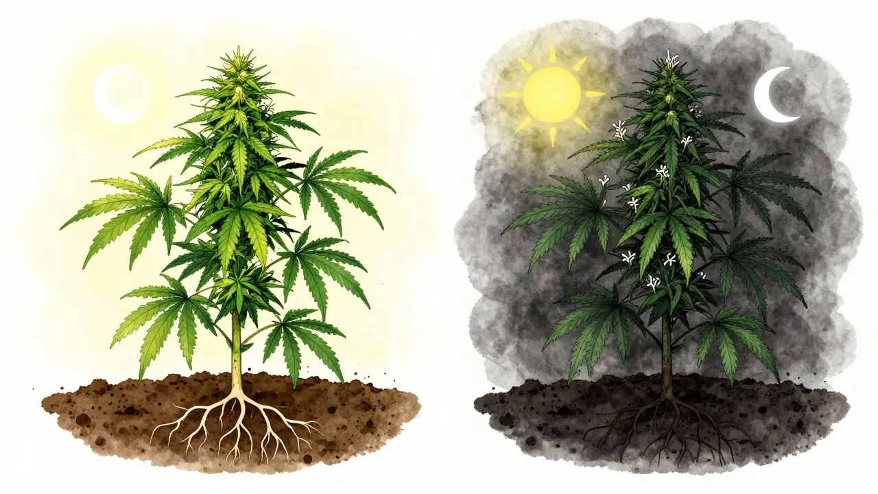 Ilustrace přechodu konopí z vegetativní fáze do květu s symbolickým sluncem a měsícem.