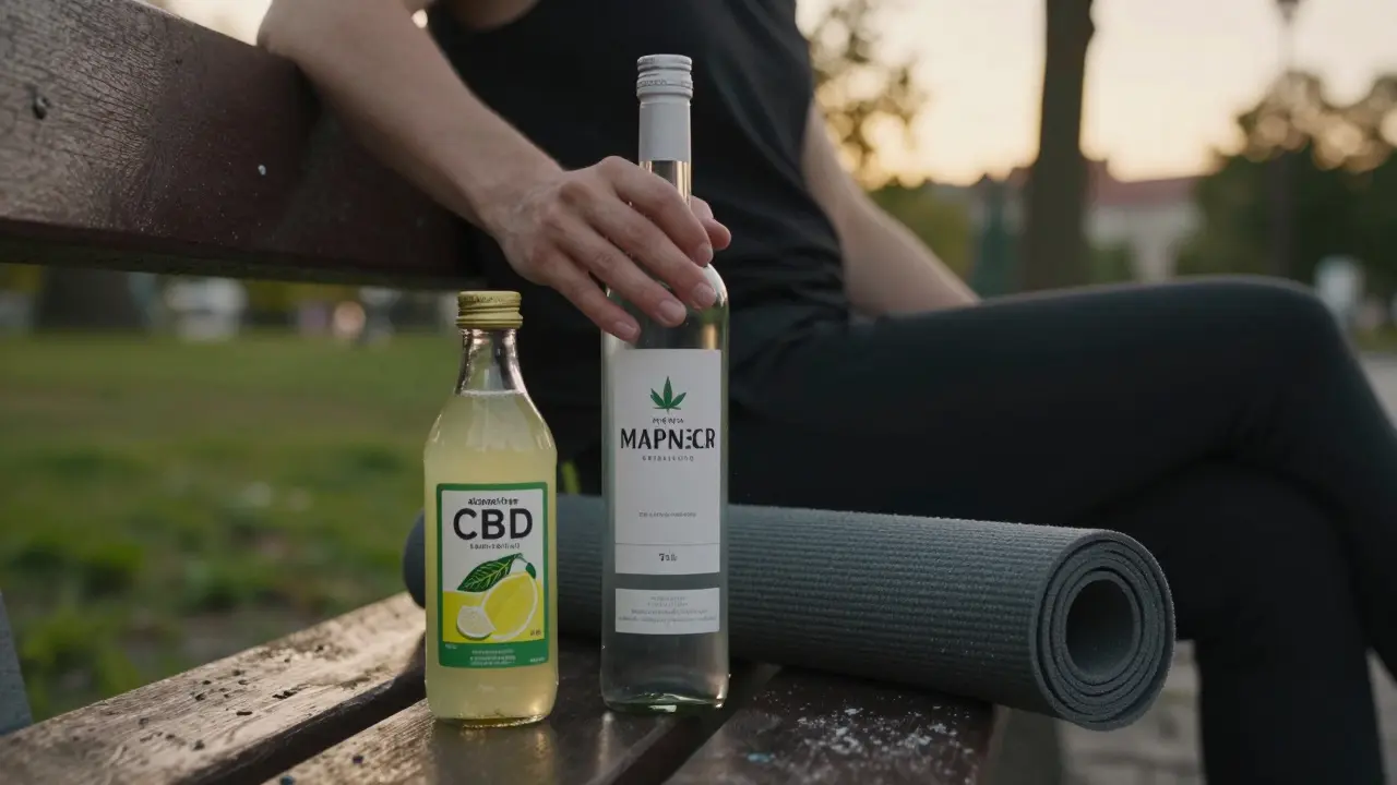 Osoba na lavičce s neoznačenou láhví konopné vodky a alkoholovou náhradou vedle sebe.