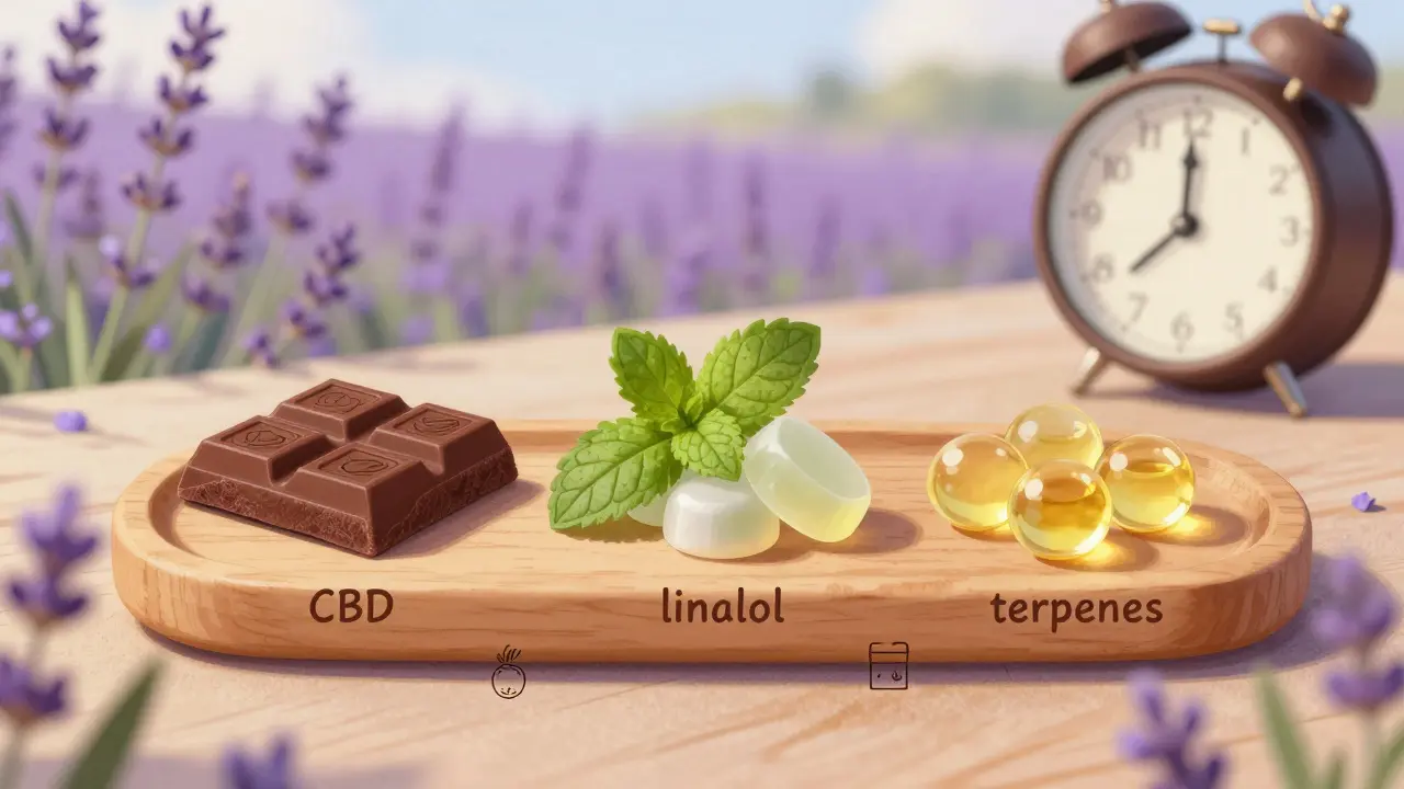 Tři druhy edibles pro úzkost: čokoláda, bonbón a kuličky na dřevěném podložce.