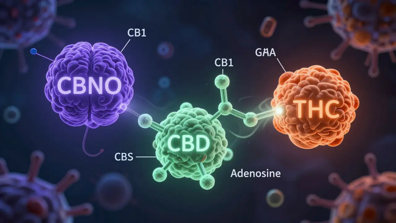 Molekulární vizualizace CBNO, CBD a THC s interakcemi v mozkových receptorech v temné atmosféře.