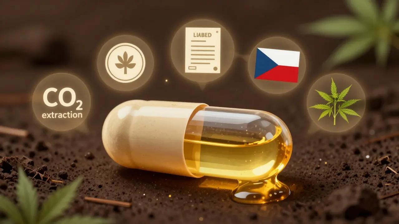 Průhledná kapsle s čistým CBD extraktem a symbolem kvality.