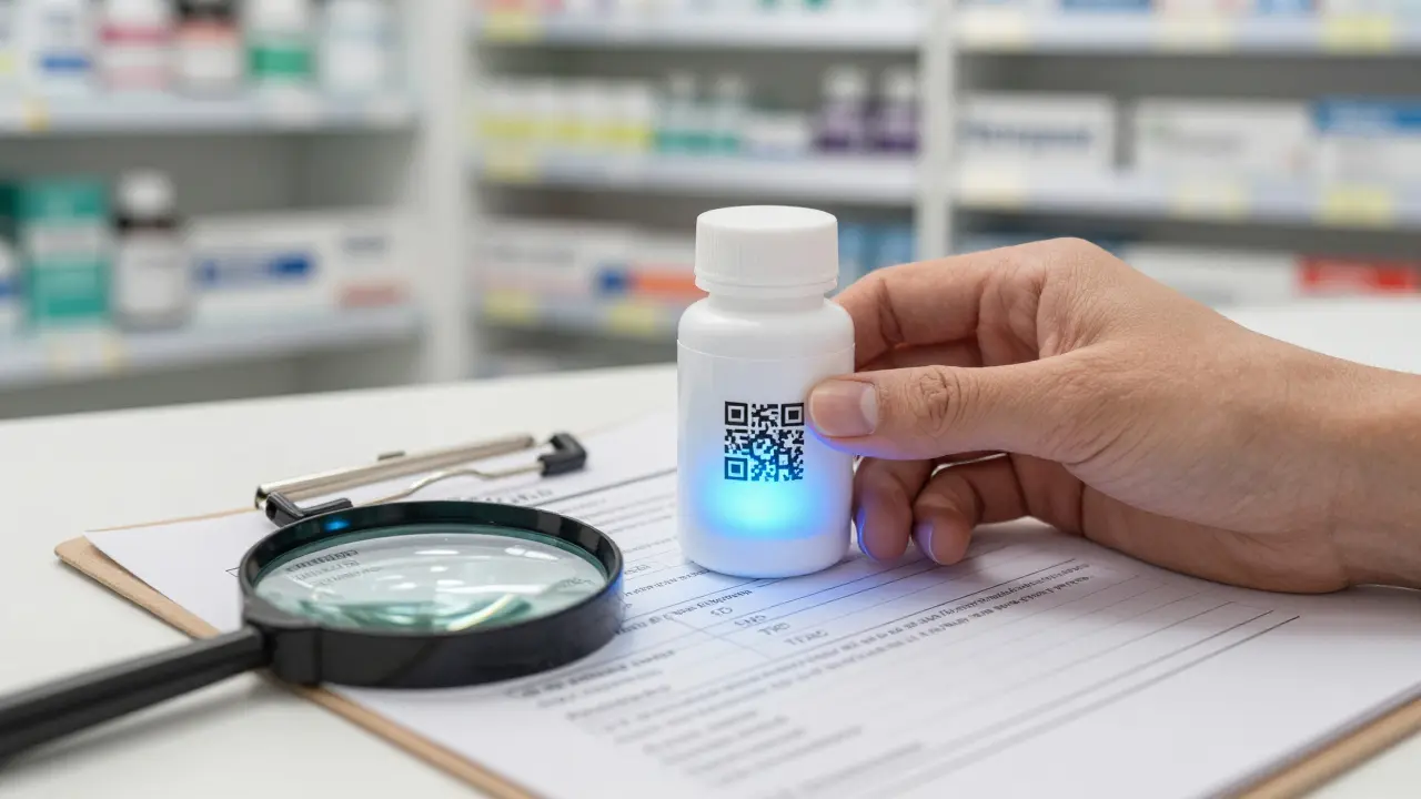 Ruka drží láhev CBD kapslí s blikajícím QR kódem a laboratorním výsledkem.