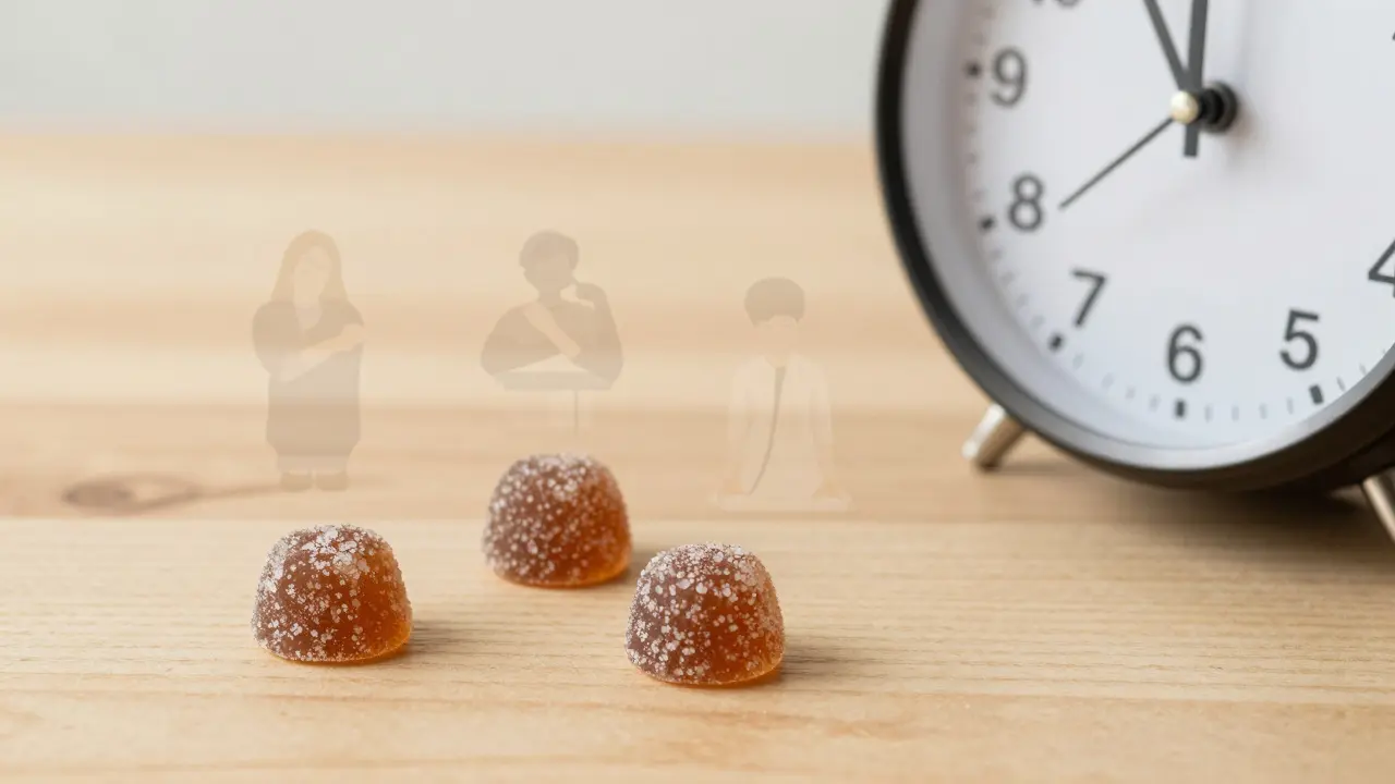 Tři CBD gummy vedle hodin ukazujících různé doby účinku.