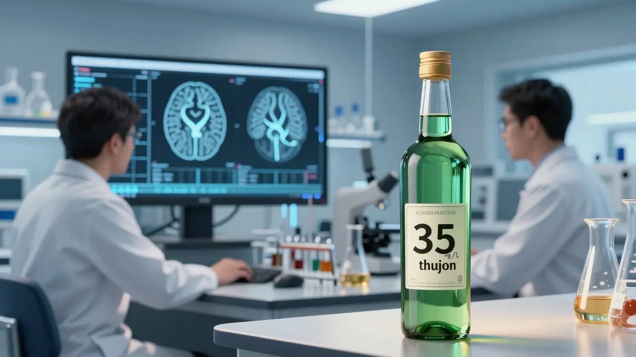 Vědci v laboratoři sledují mozkové aktivity po vypití moderního absintu s přesně určeným obsahem thujonu.