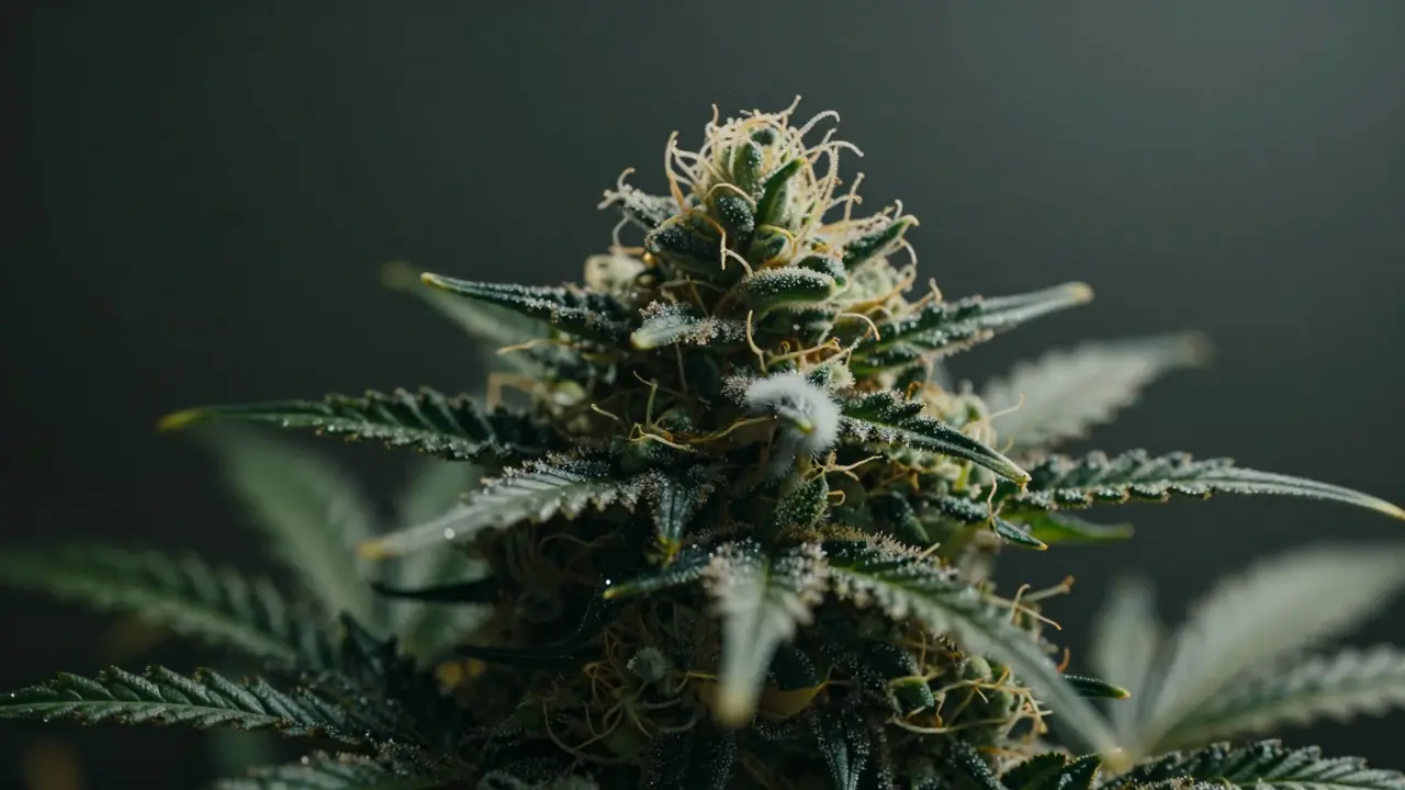 Detail květu konopí typu Haze s počátky plísně v tmavém koutě.