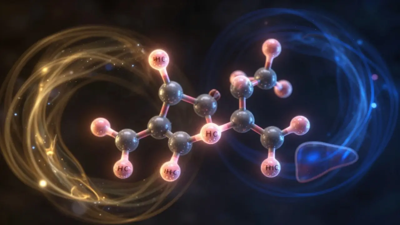 Konceptuální zobrazení molekuly HHC a procesu hydrogenace v eterickém prostoru.