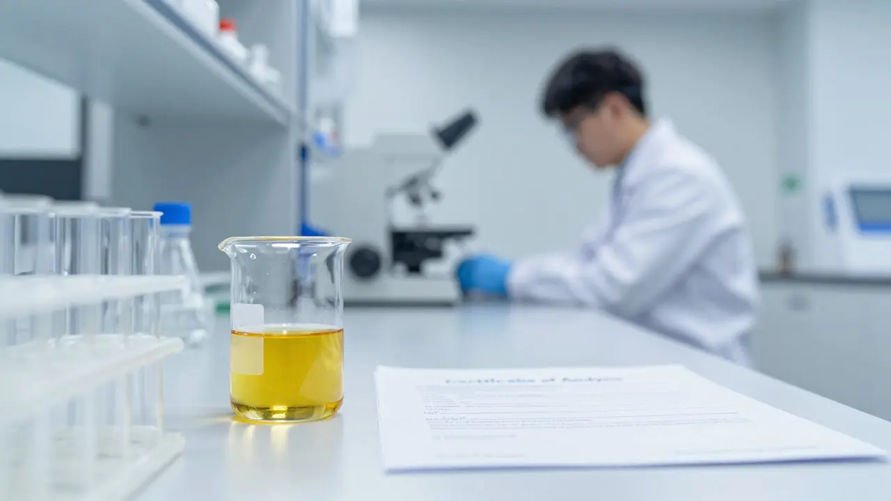 Laboratorní prostředí s čistým zlatavým olejem a certifikatem analýzy.