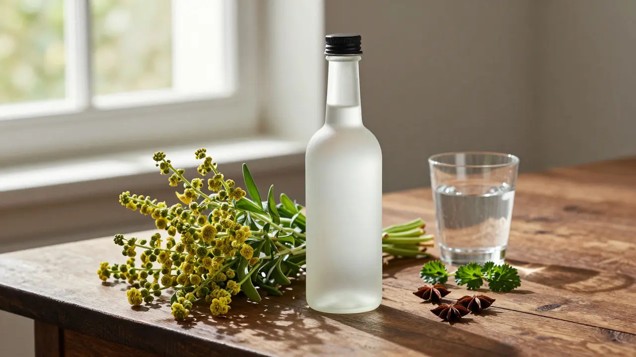 Rostlina bylovnice vedle moderní lahve absintu na rustikálním stole.