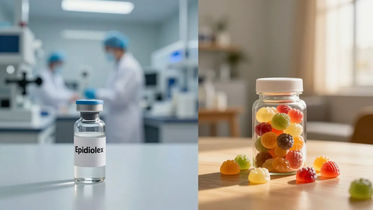 Srovnání sterilní laboratoře s lékem Epidiolex a domácího prostředí s CBD bonbony.