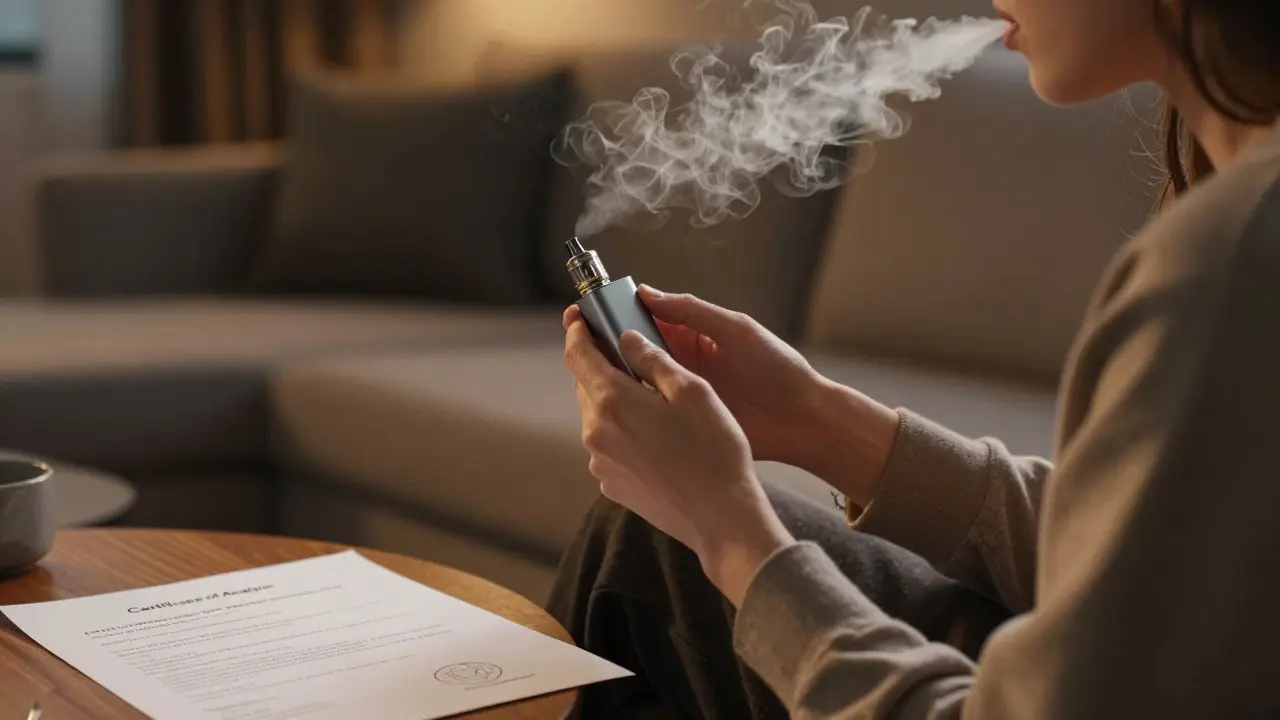 Osoba relaxující s vapem a laboratorním certifikátem vedle