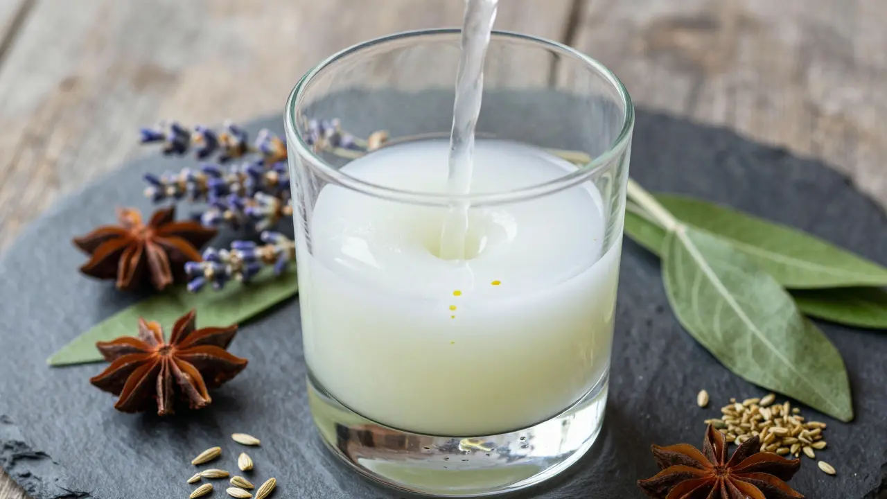 Přilévání vody do absinthu vytváří mléčný efekt louche s čerstvými bylinkami.