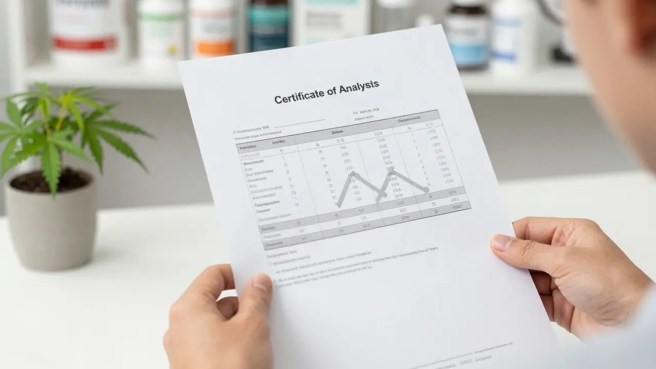 Ruce držící certifikát analýzy produktu pro ověření kvality