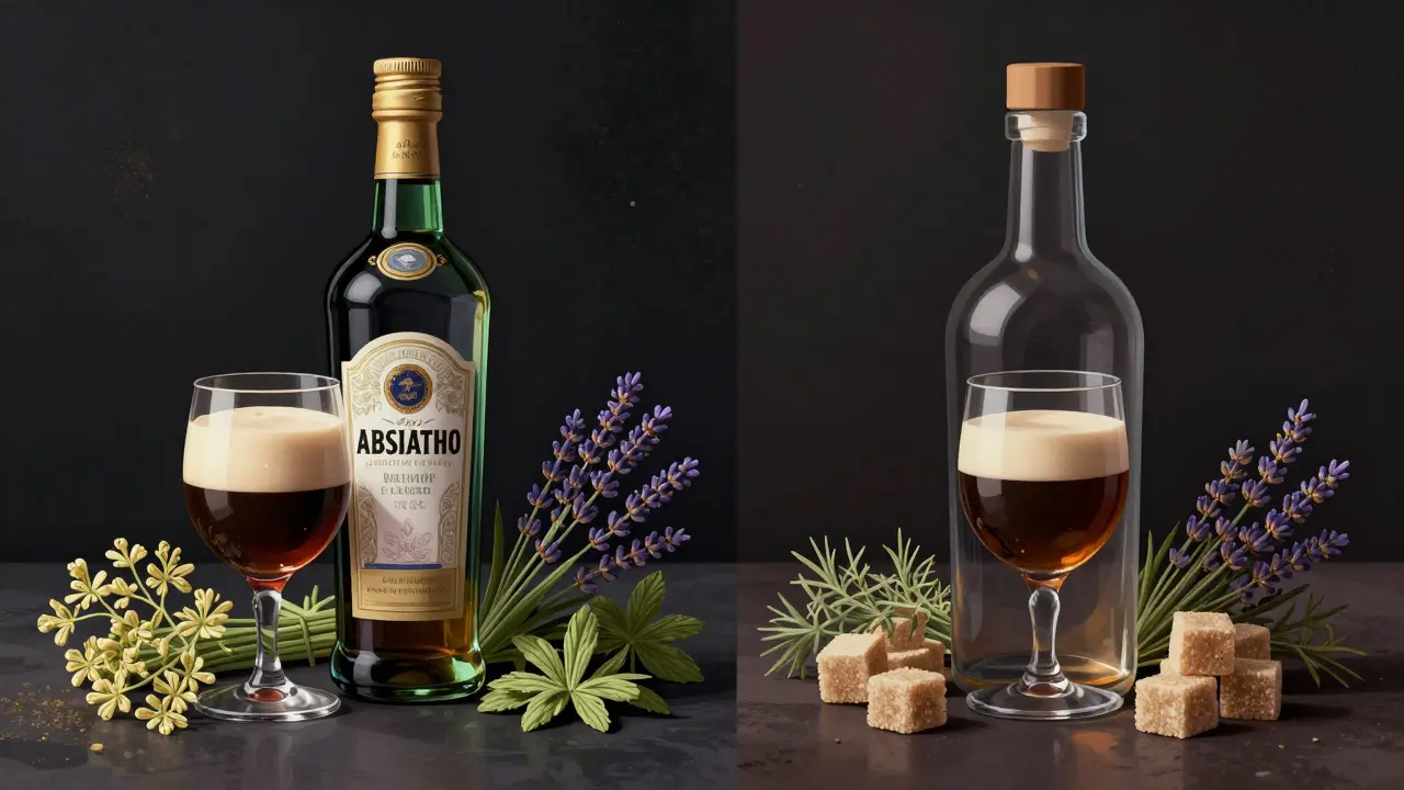Srovnání prémiového absinthu s levnou imitací zdůrazňující kvalitu a louche efekt.