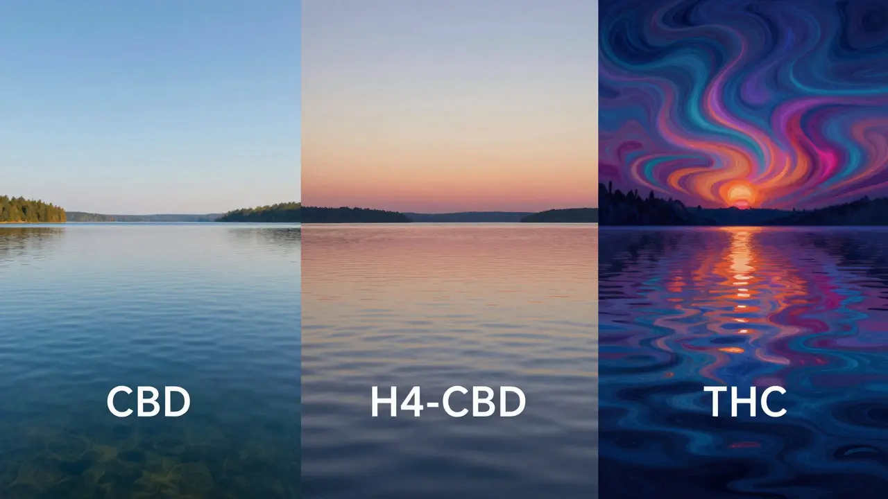Umělecké srovnání účinků CBD, H4-CBD a THC pomocí jezera