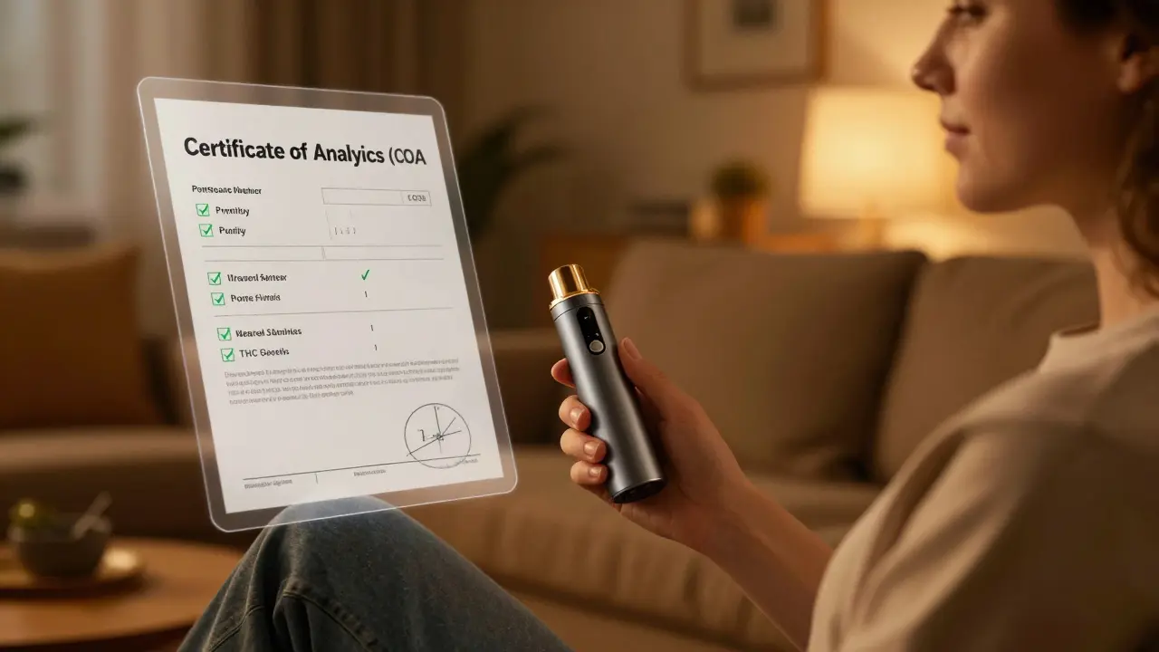 Klidný člověk s parovačem a grafem certifikátu kvality
