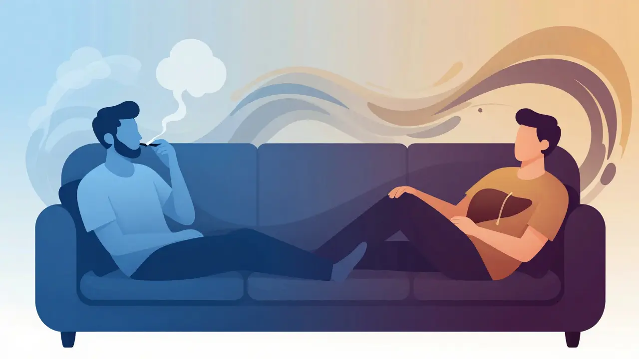 Konceptuální ilustrace rozdílu mezi kouřením a edibles