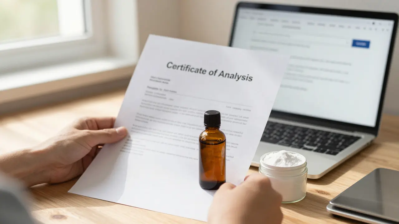 Kontrola kvality CBD: certifikát, prášek a olejová lahvička