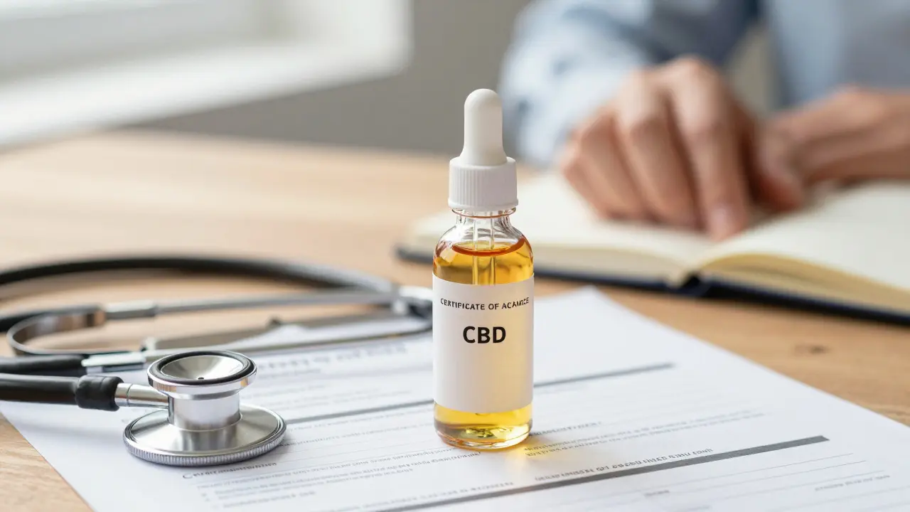 Kvalitní CBD olej a certifikát analýzy na stole