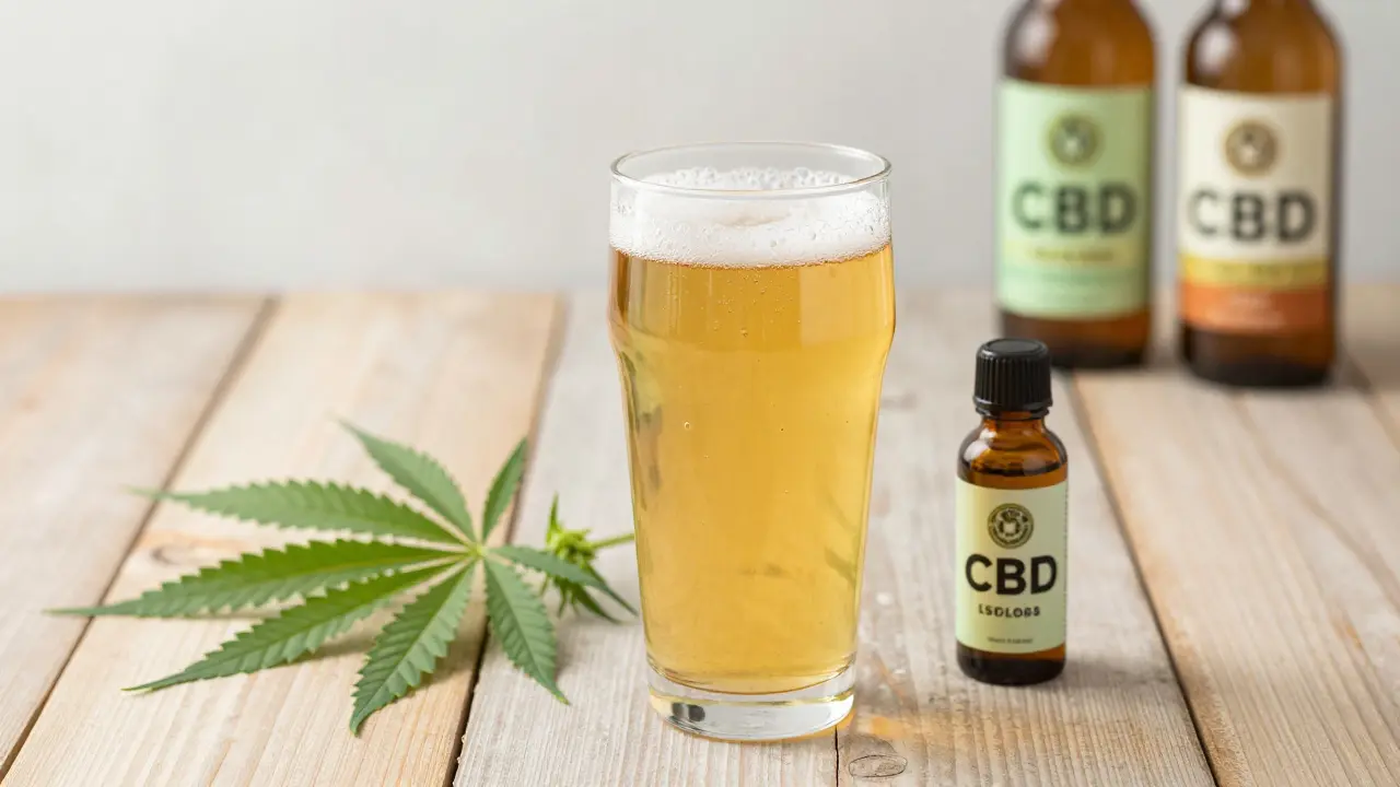 Legální pivo s CBD vedle čerstvých konopných listů na stole