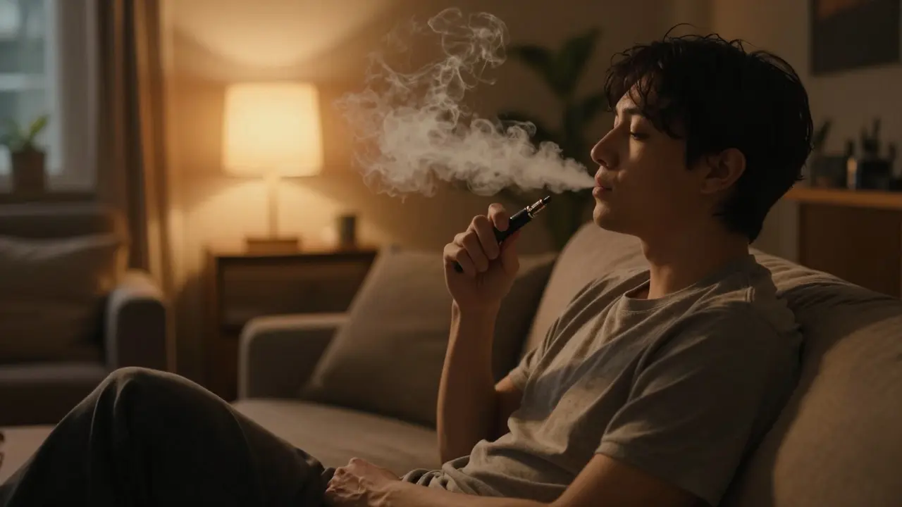 Uvolněná osoba v klidné místnosti používající vape pero