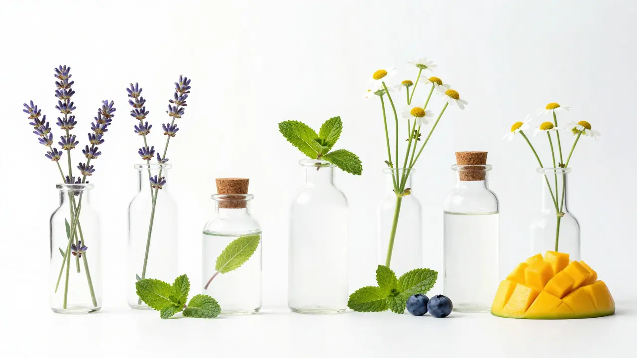 Botanické ingredience jako levandule a ovoce kolem lahví