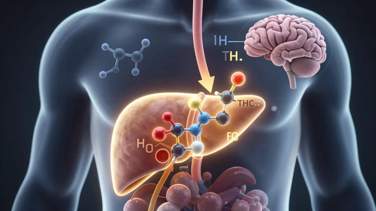 Ilustrace přeměny THC v játrech na silnější metabolit