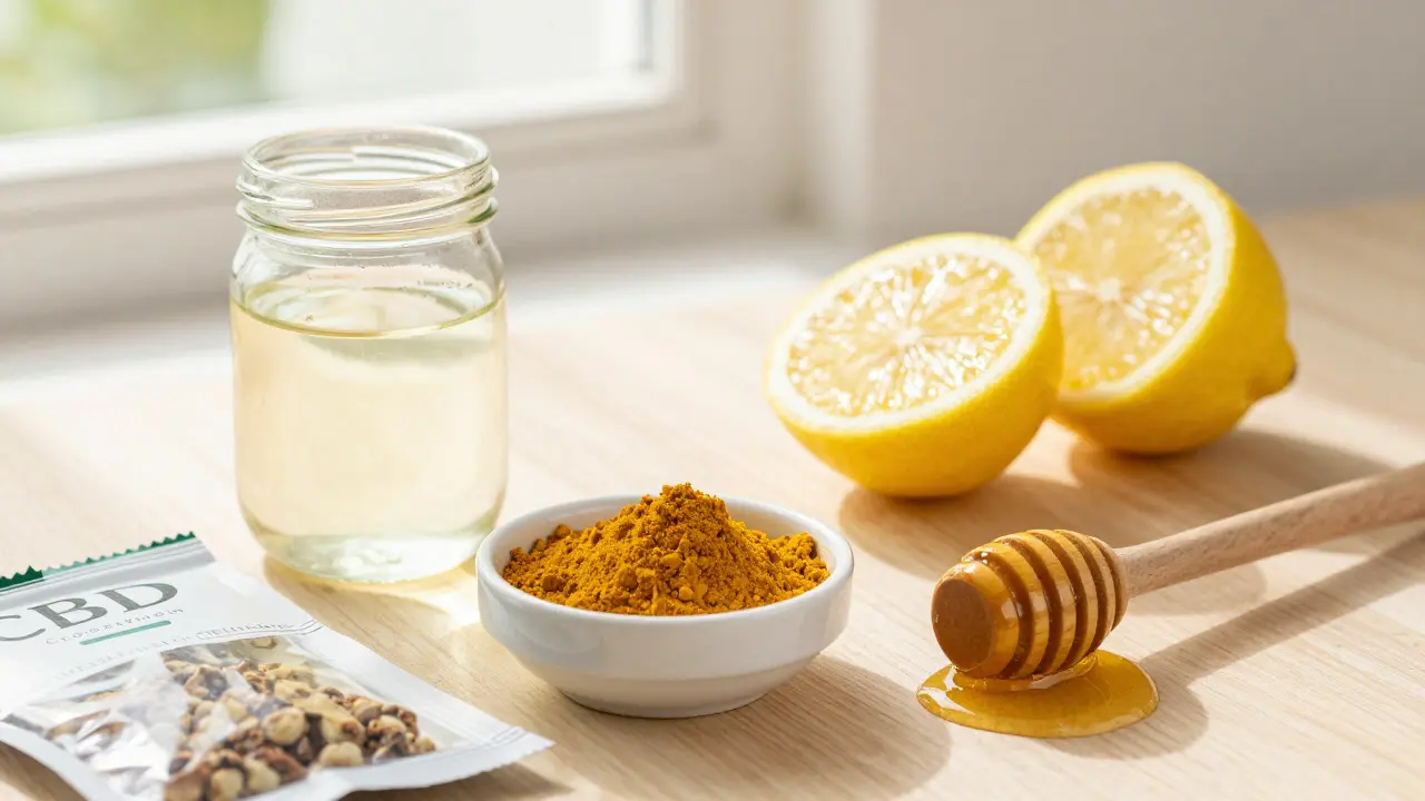 Ingredience pro relaxační nápoj: kokosový olej, citron, kurkuma a CBD